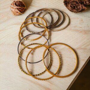 Yellow Gold Tone Metal Bangle Bracelets Set of 10 Fashion Costume 2.5 Inch